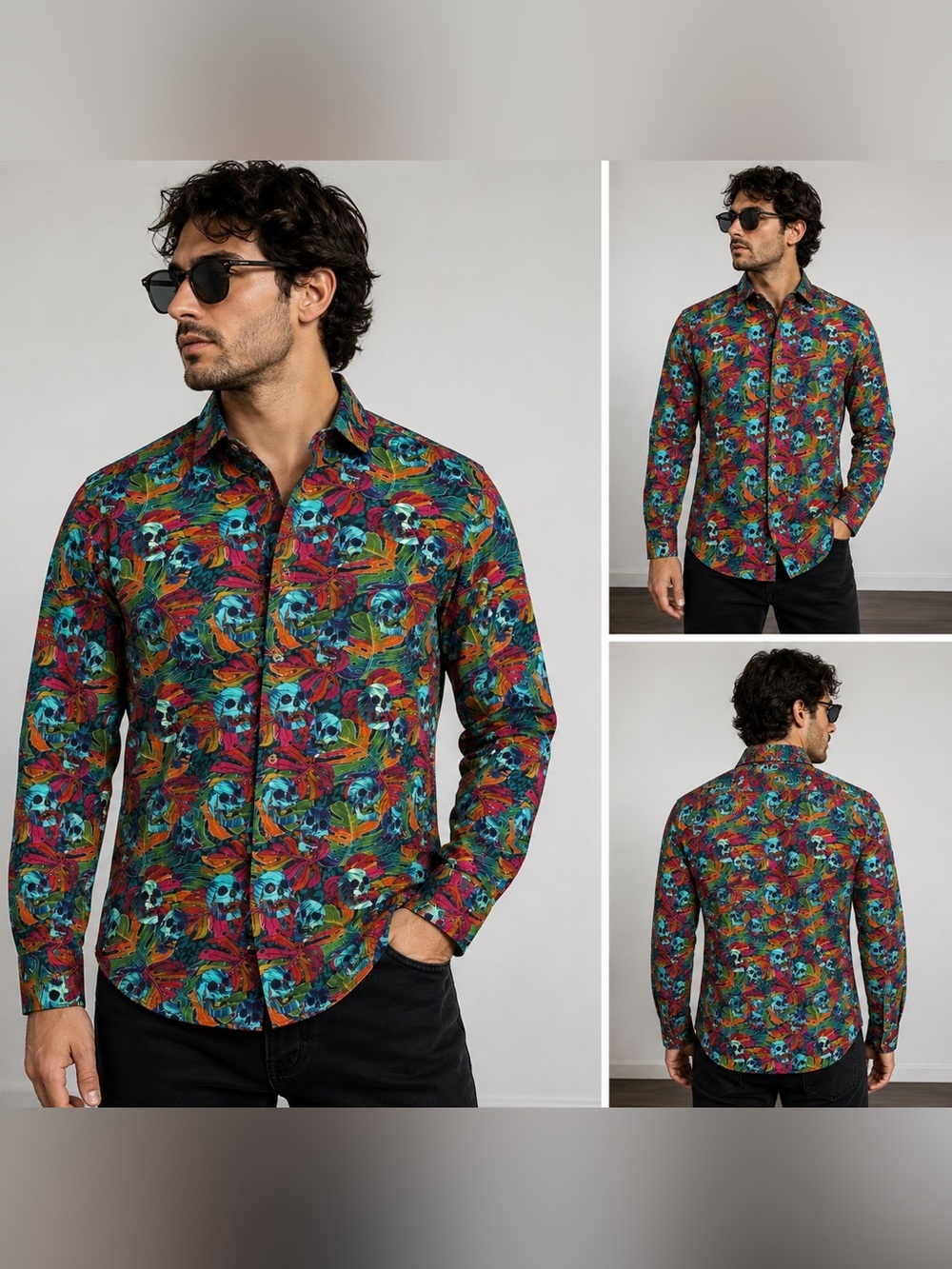 Luchiano Visconti Skull Print Button Down Shirt Small Colorful Cotton